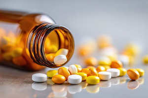 Colorful tablets spill from a brown glass bottle on a light surface in a tranqu, a Health & Medical Photo by AlyaAnd