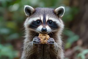 Raccoon enjoying a snack in the wood, an Animal Photo by Pixeness Studio