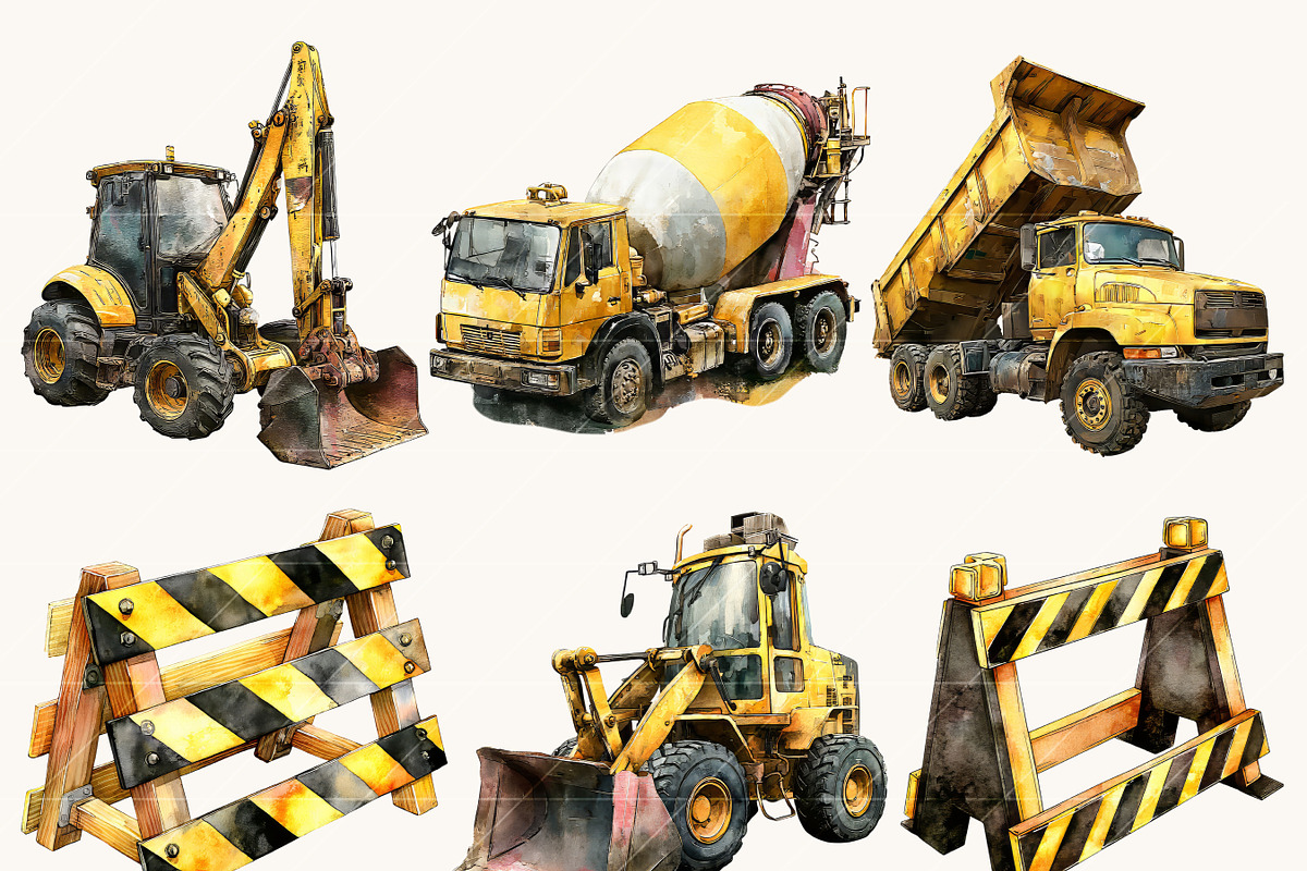 Watercolor Construction Vehicles, a Transportation Illustration by BusyDaydesign (Photo 2 of 10)