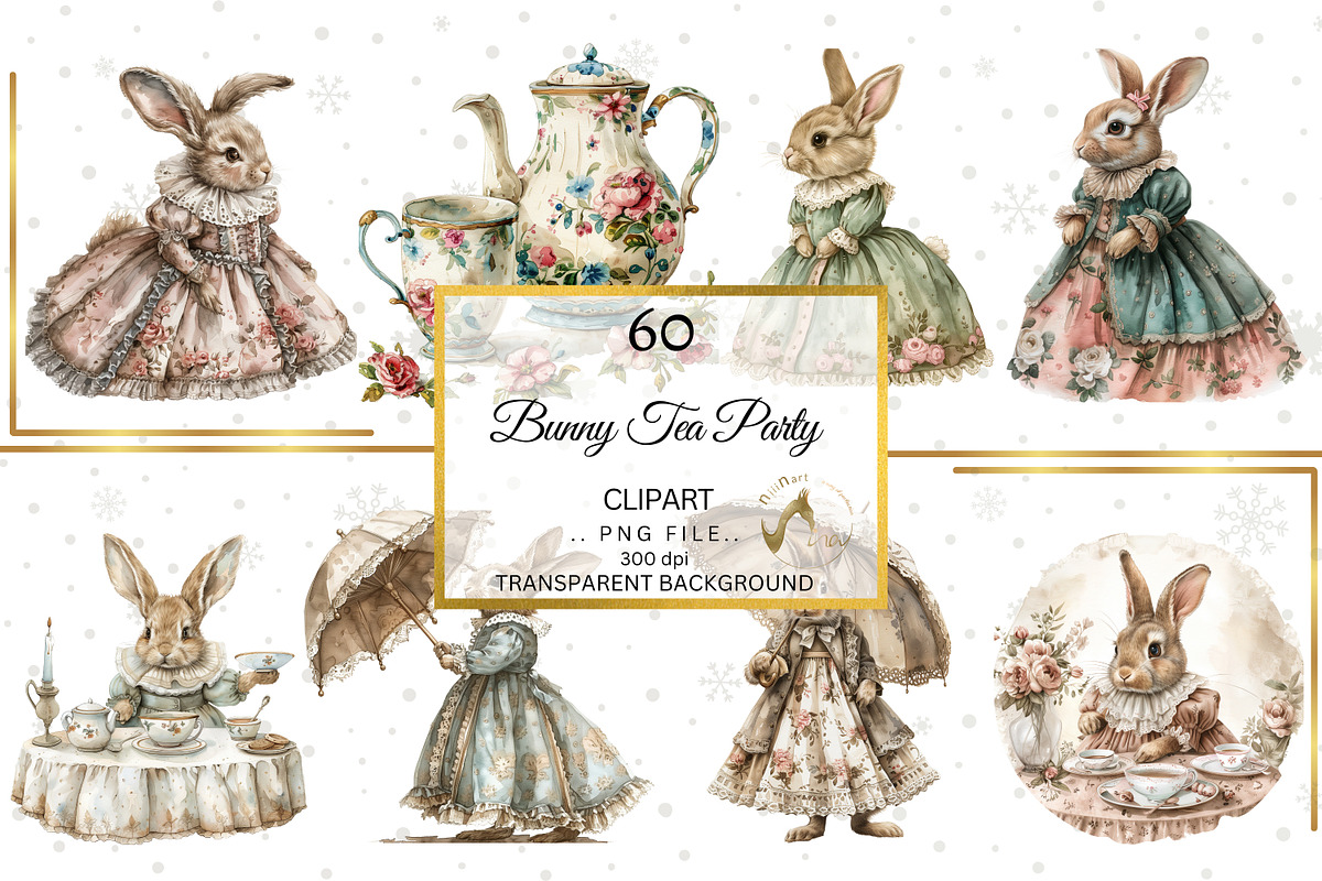 Watercolor Bunny Tea Party Clipart, an Illustration by NiiiNArt (Photo 7 of 10)