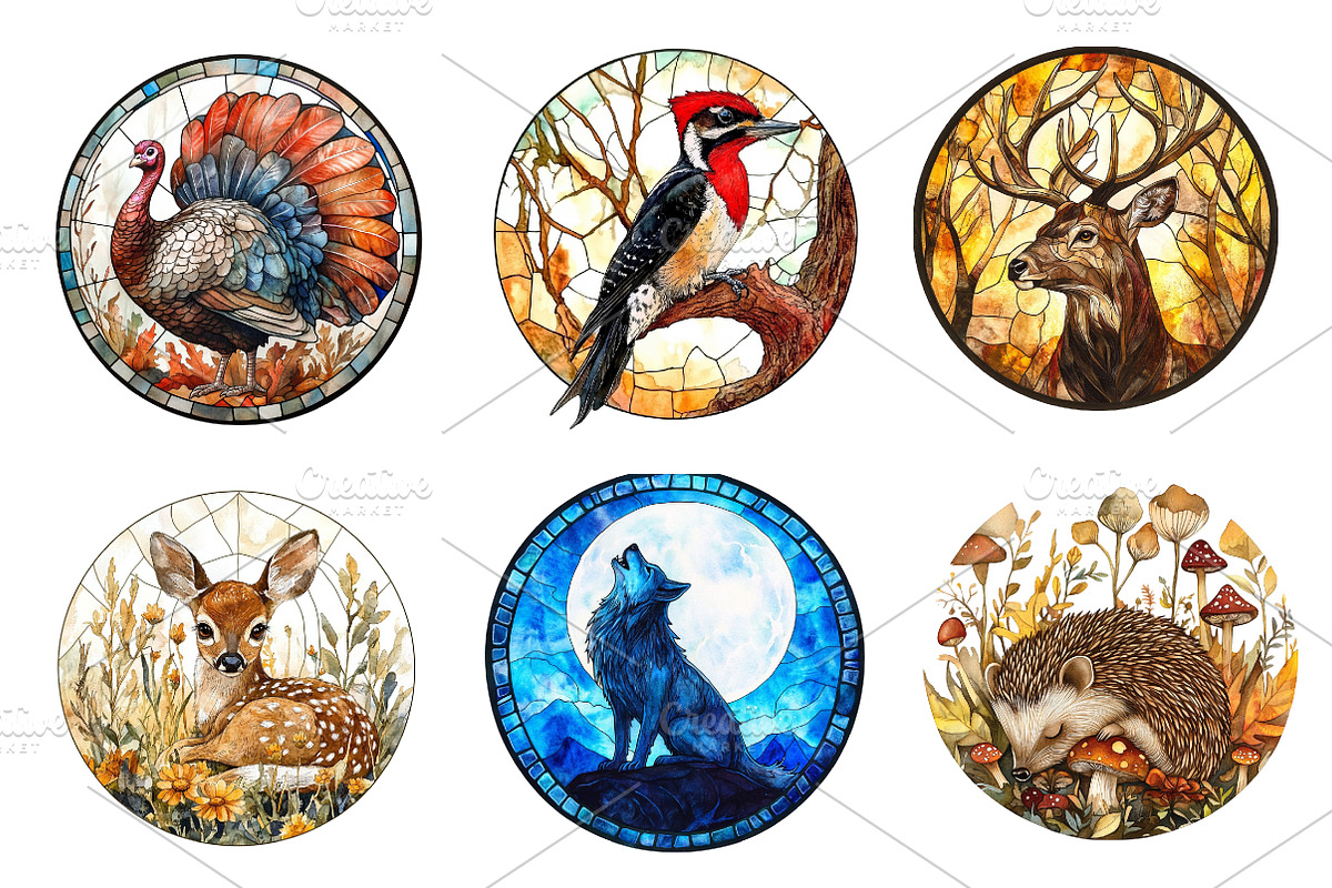 Round Stained Glass Forest Animals, an Illustration by CreationArt (Photo 5 of 5)