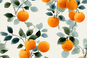 Seamless pattern of vibrant oranges with green leaves on branches, watercolor s, a Texture Graphic by Textures & Backgrounds