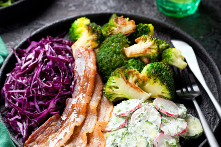 Fried bacon with roasted broccoli, p