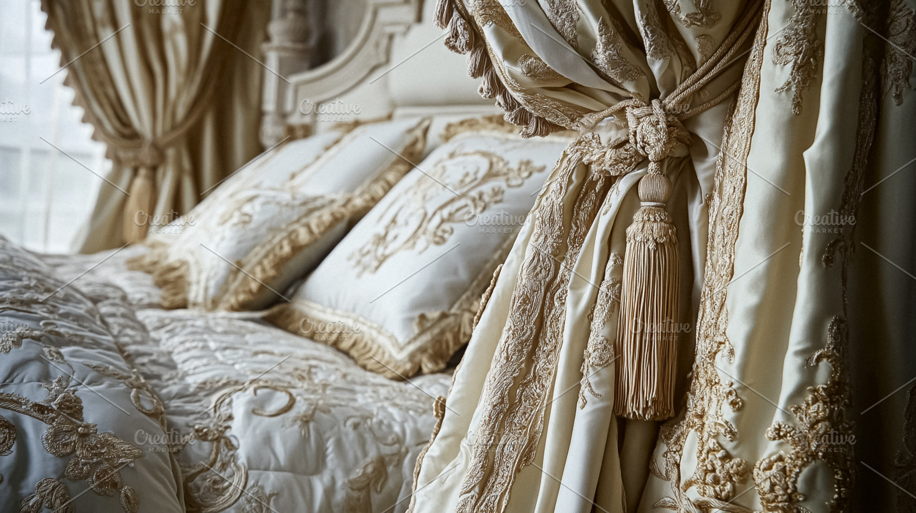 Opulent Baroque interiors with gilded four-poster beds, floral d, an Architecture Photo by Studio ANNA