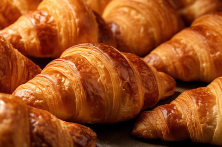 Fresh delicious croissants background. Generative AI, a Food & Drink Photo by AlyaAnd