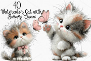 Watercolor Cat with Butterfly PNG, a Seasonal Illustration by Canvas Craft (Thumbnail 1 of 6)