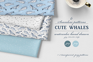 Cute Whales. Seamless patterns