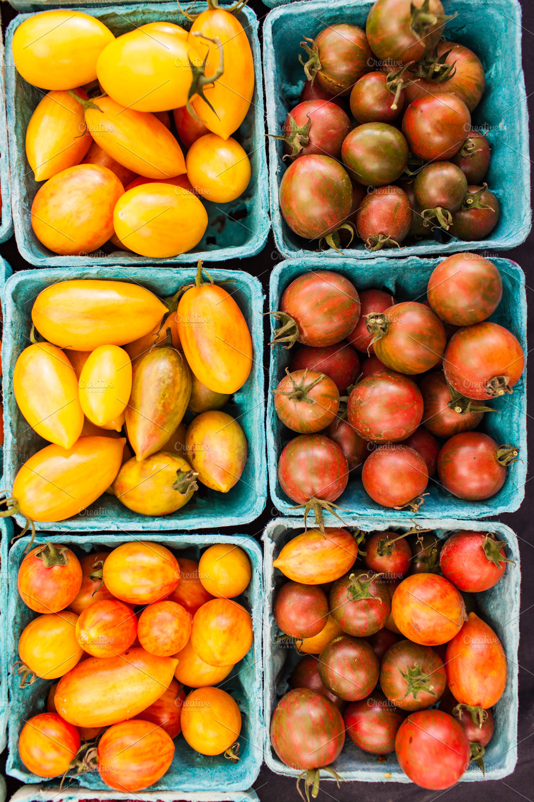 Colorful tomatoes at the farm featuring autumn, fall, and harvest, a Food & Drink Photo by kissandmockup