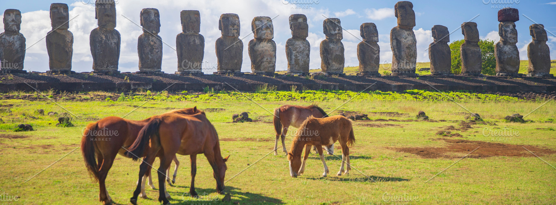 Horses on pasture in front of stone moai statues of Ahu Tongarik, a Photo by Pictures for you!!!!!!!!!