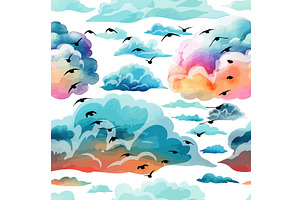 Seamless cloud background with birds, an Illustration by Nenahliadava Design