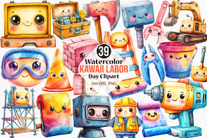 Watercolor Kawaii Labor Day Clipart, an Illustration by Canvas Craft