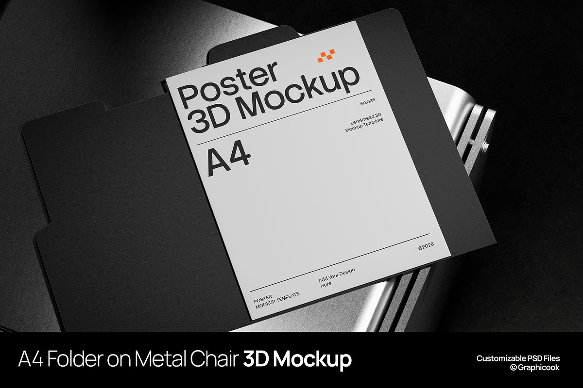 A4 Folder On Metal Chair 3D Mockup, a Books & Magazine Mockup by graphicook (Photo 1 of 4)