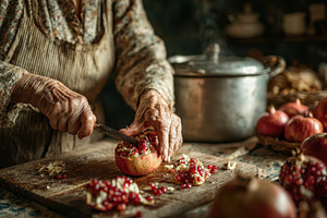 Elderly woman's hands cutting pomegr, a Photo by Pixeness Studio