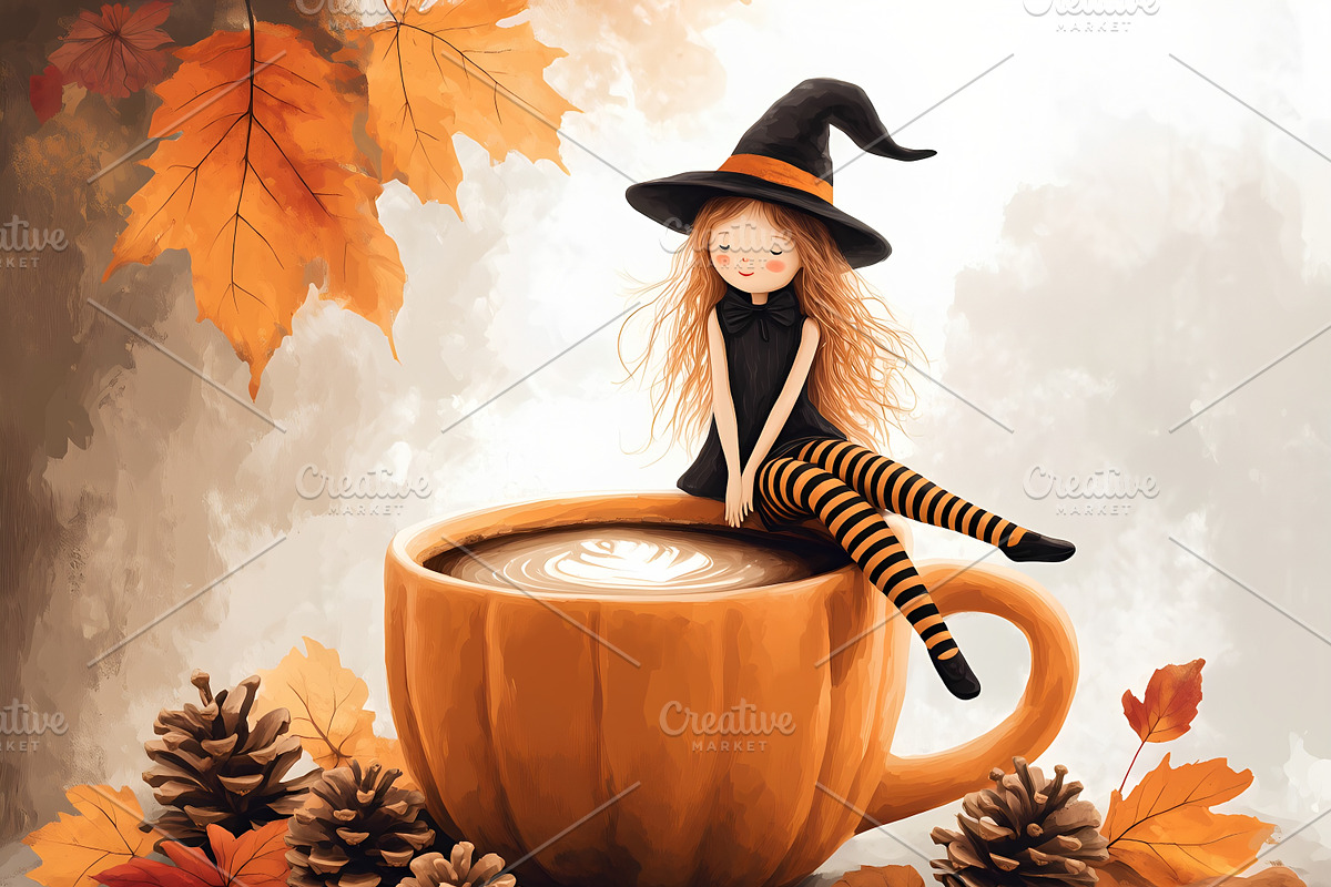 Autumn Witch on Pumpkin Cup, a Seasonal Illustration by Floraphoria (Photo 1 of 14)