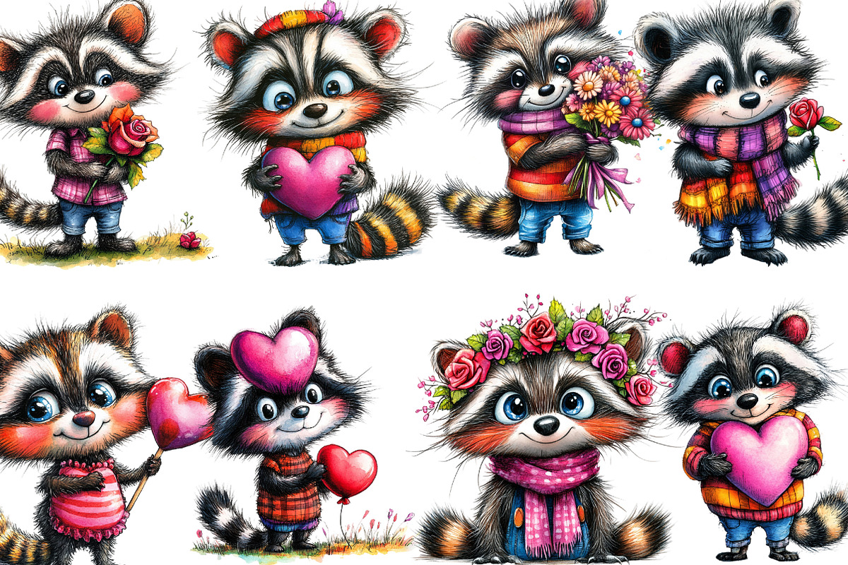 Whimsical Valentine Raccoon Clipart, an Illustration by Designking (Photo 3 of 5)