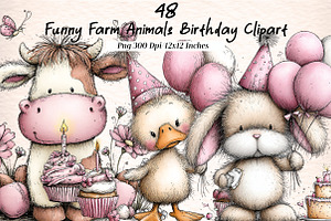 Funny Farm Animals Birthday Clipart, an Illustration by Digital Artistic99