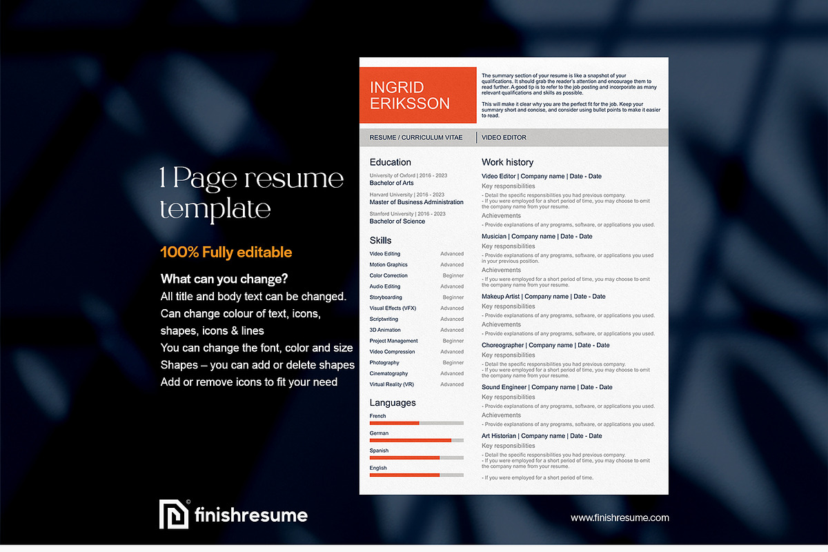 Video editor resume template, a Resume Template by FinishResume (Photo 2 of 11)