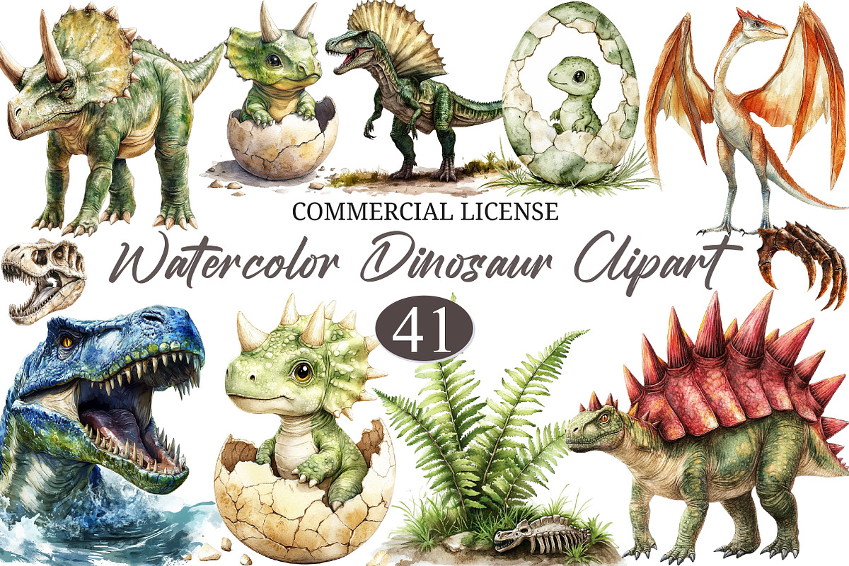 Watercolor Dinosaur Clipart, a Seasonal Illustration by designcity5 (Photo 1 of 5)