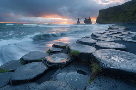 Dramatic Sunrise at Reynisfjara Black Sand Beach with Basalt Columns and Waves, a Photo by AS photostudio