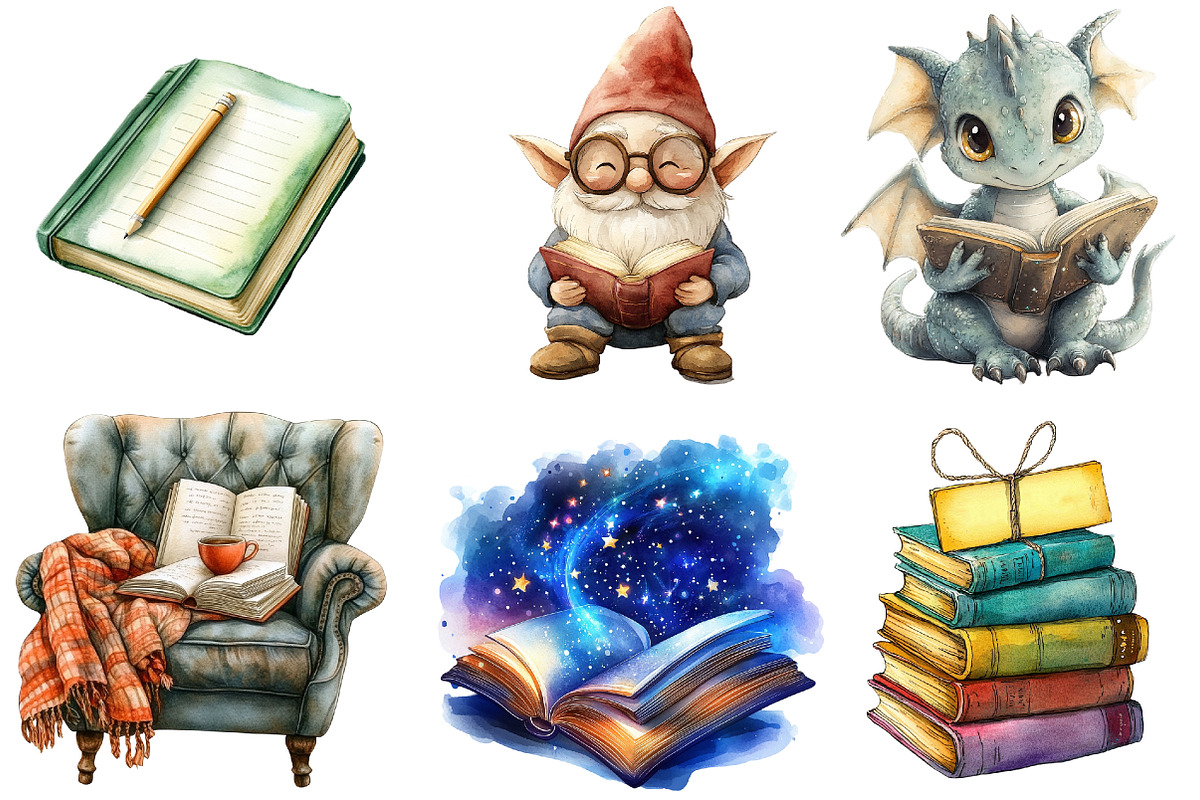 Reading Books Clipart, an Illustration by Watercolor design (Photo 3 of 4)