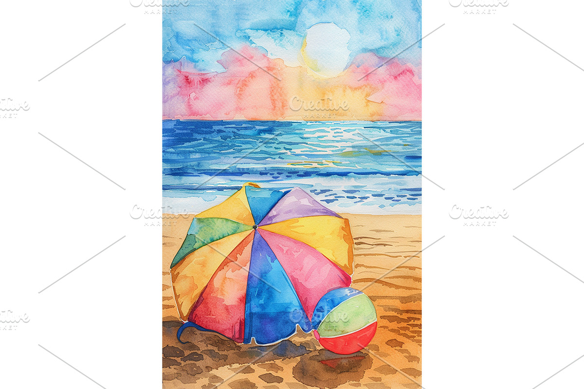 Beach Umbrella and Ball Watercolor, a Decorative Illustration by Art Paradise Studios