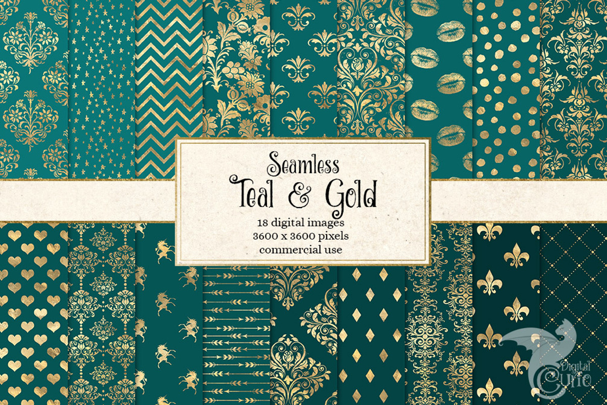Teal and Gold Digital Paper, a Pattern Graphic by Digital Curio