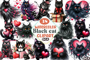 watercolor Black Cat Clipart, an Illustration by DreamCafeArt
