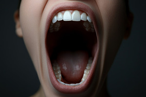 Open human mouth with visible teeth, tongue and throat on dark b, a Photo by Dvoevnore photos