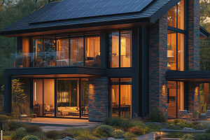 A modern two-story house with large glass windows, solar panels on the roof, an, an Industrial Photo by Textures & Backgrounds