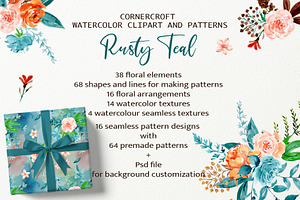 Rusty Teal Floral Clipart & Patterns