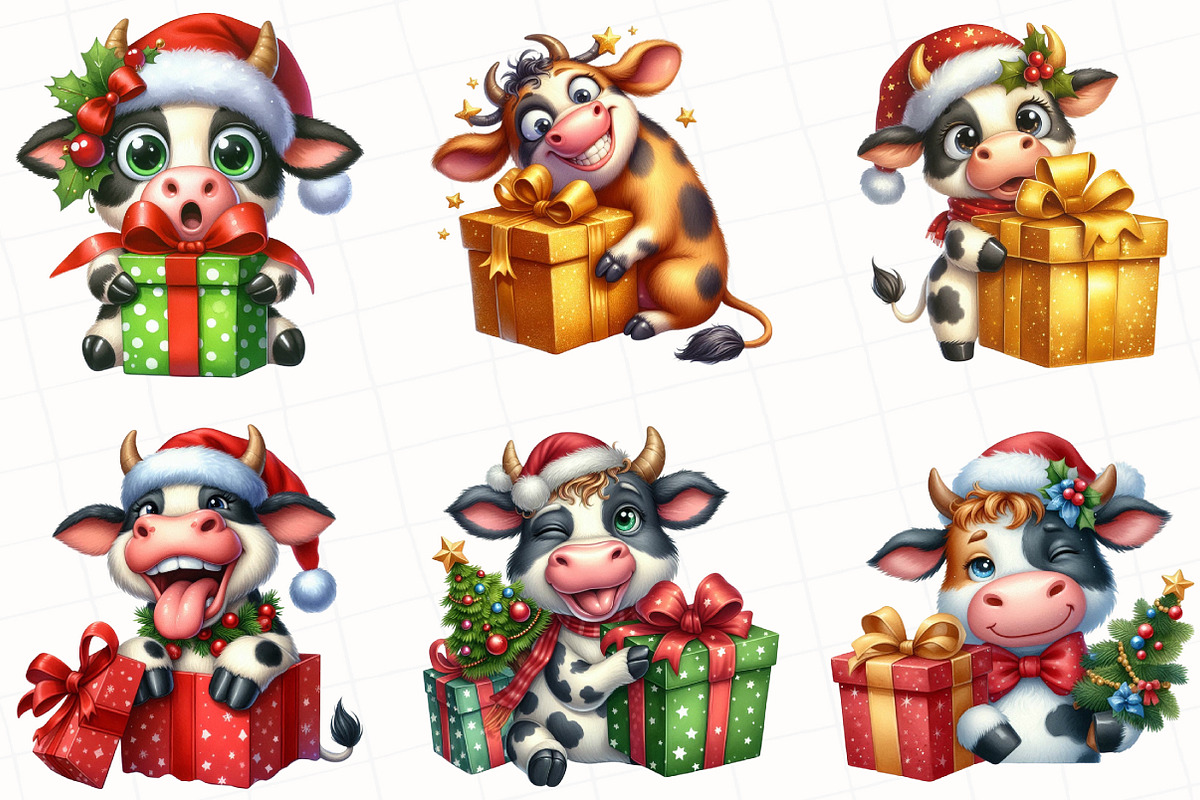 Christmas Funny Cow Clipart, an Illustration by OK Design (Photo 4 of 5)