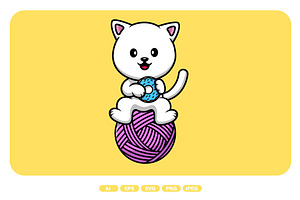 Cute Cat Holding Doughnut On Yarn