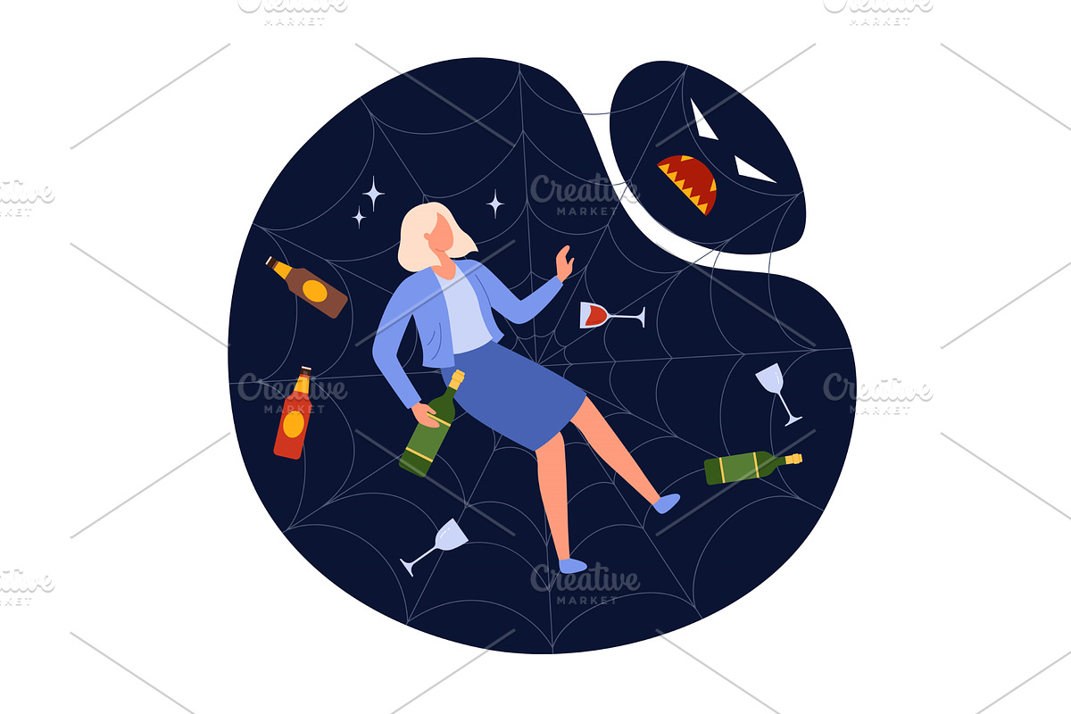Alcohol addiction trap with woman, a Person Illustration by Flashvector