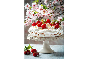 Elegant strawberry pavlova with, a Nature Photo by Lermont51