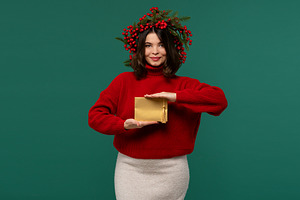 Woman in red sweater presenting, a Person Photo by Elena Vagengeim