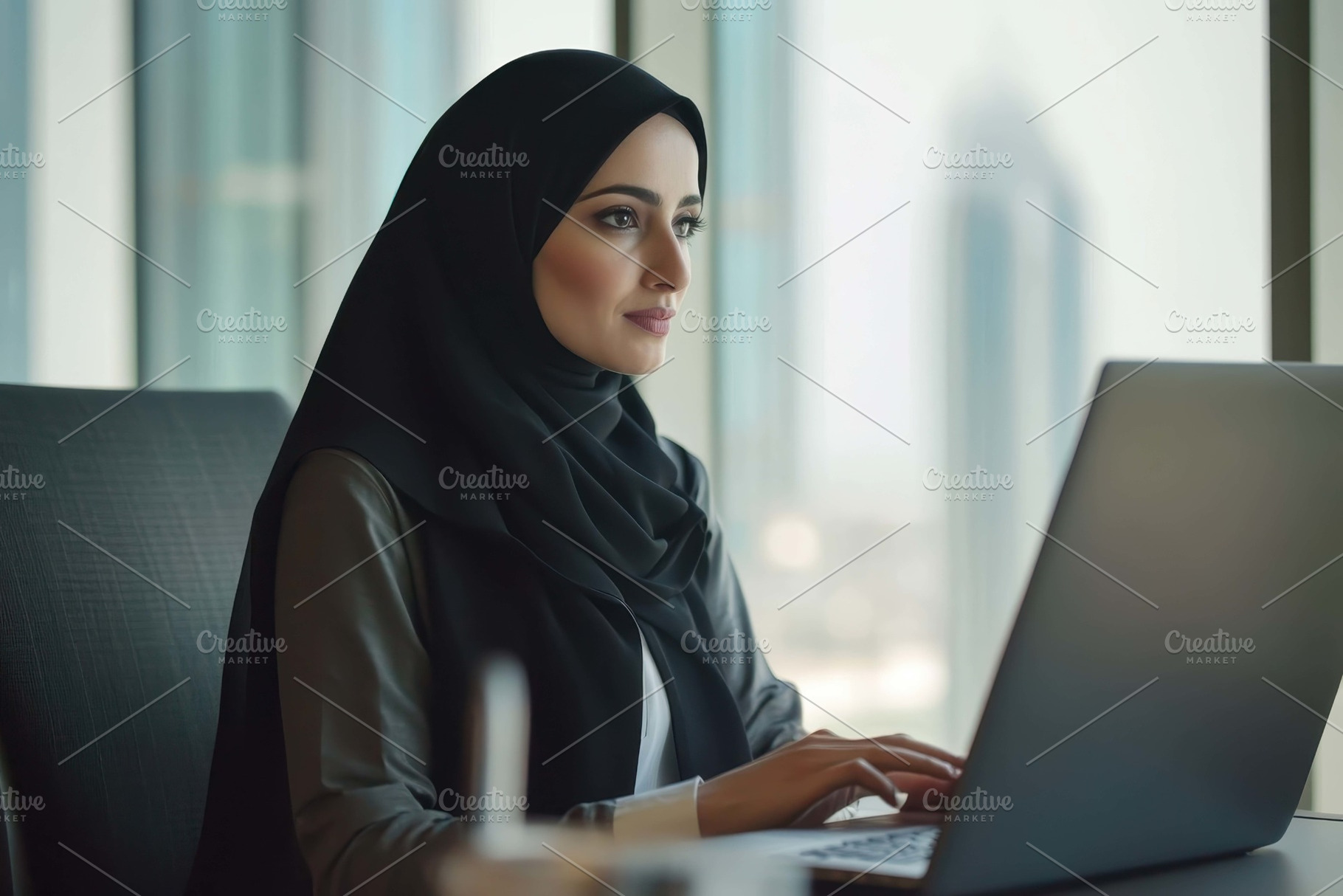 Professional woman in hijab working, a Photo by Tanuart