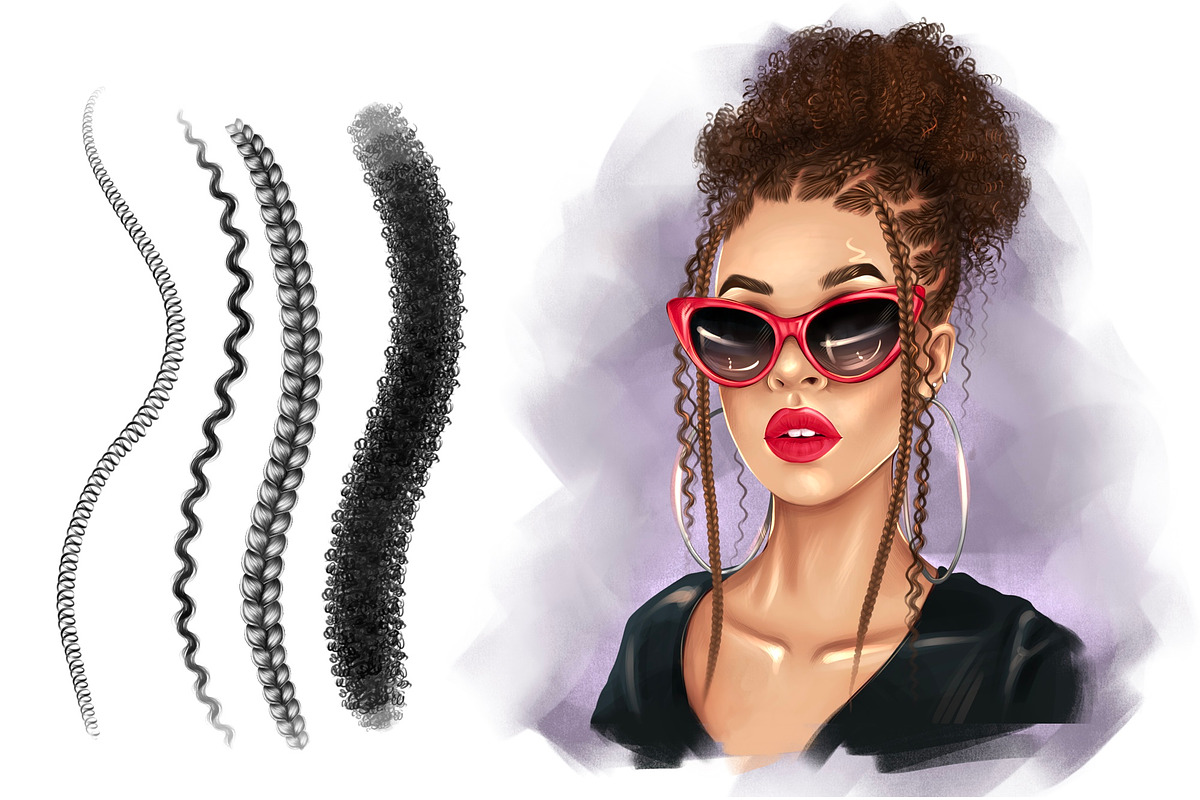 Procreate brush curly hair pigtails, a Brush Add-On by Elenbushe (Photo 3 of 7)
