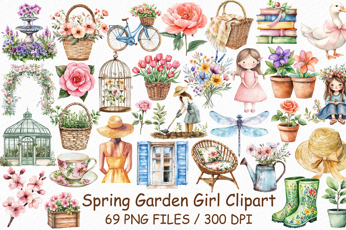 Watercolor Spring Garden Girl Clipar, an Illustration by Design Market (Photo 1 of 3)