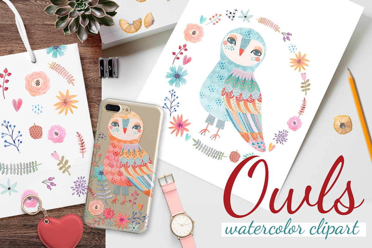 Watercolor owls clipart, a Texture Illustration by Anna Guz's Store (Photo 1 of 5)