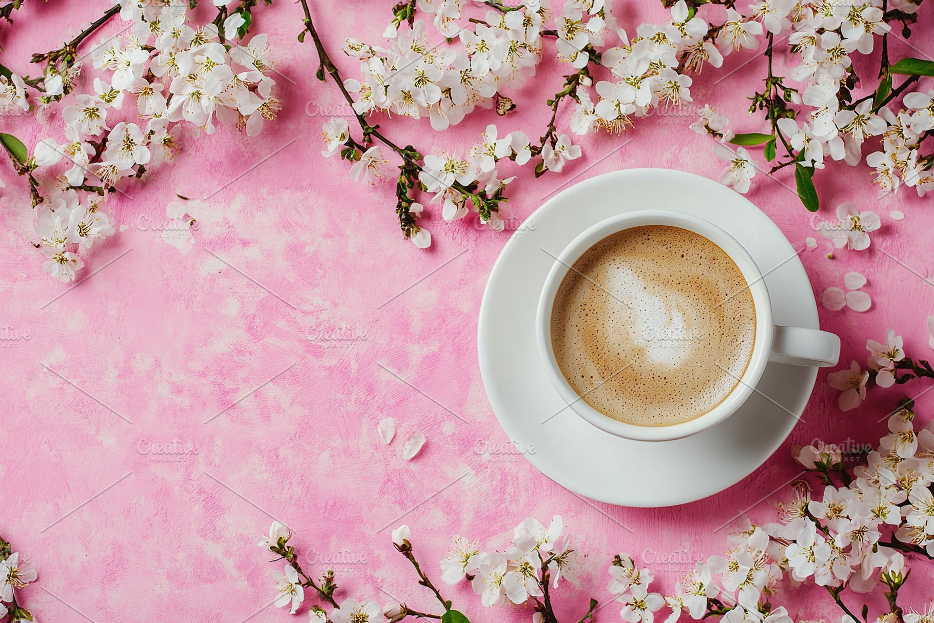 Cup of hot coffee and spring flowers on pink background, a Food & Drink Photo by AlyaAnd