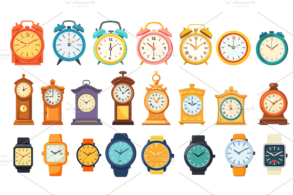 Flat clocks. Electric watches wall, an Object Illustration by Stock-Smart-Start