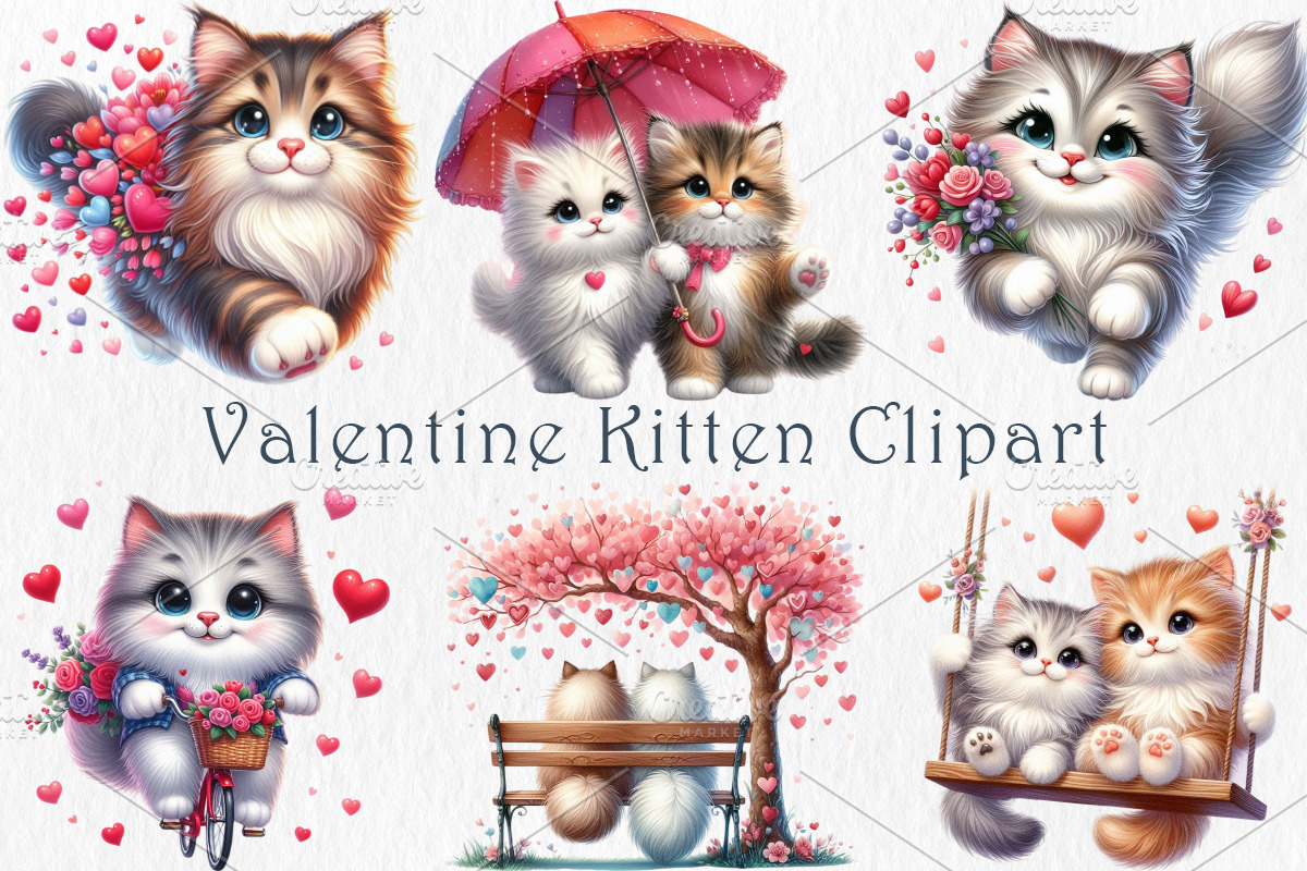 Valentine Kitten Clipart, a Decorative Illustration by GalaDesign03 (Photo 1 of 5)