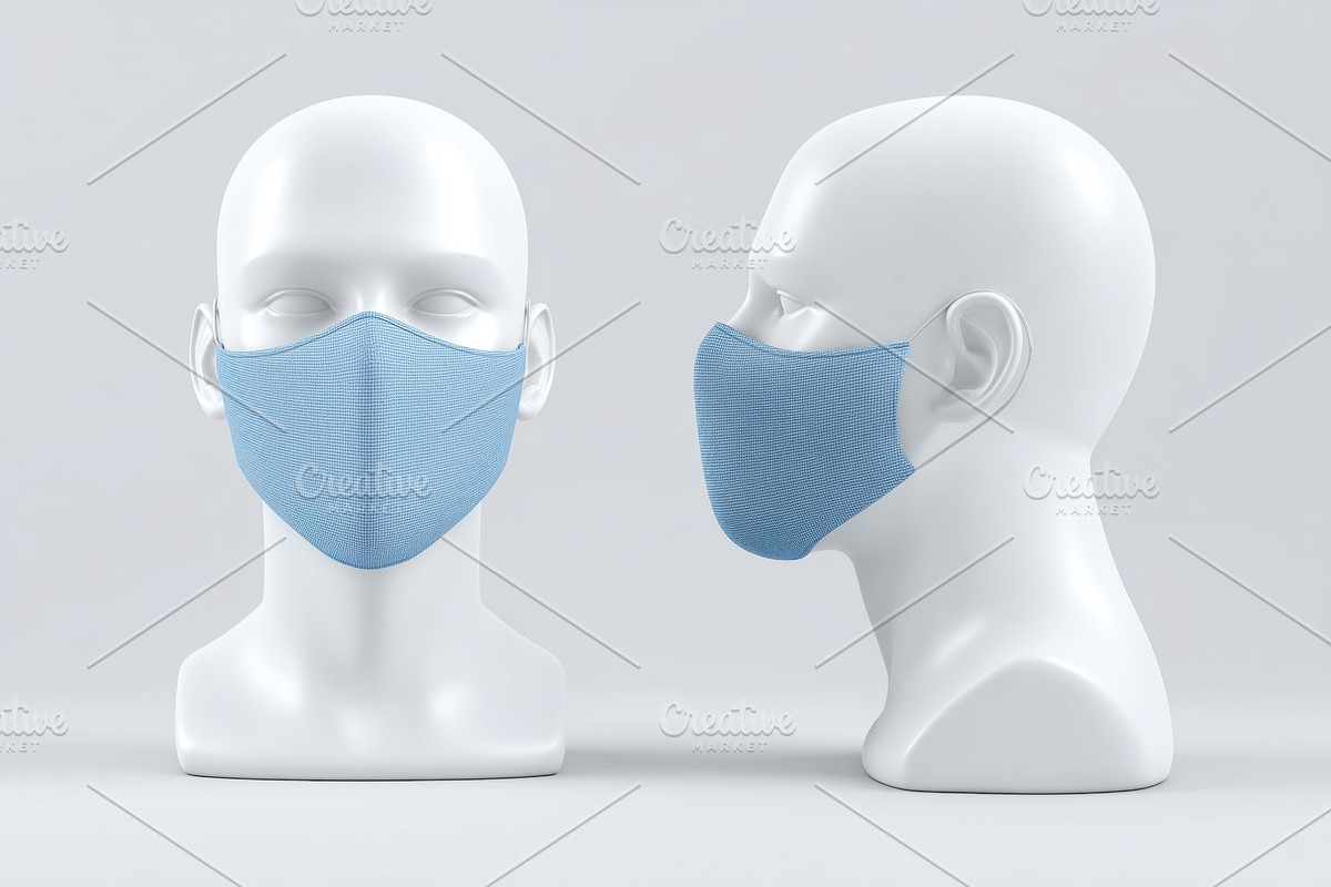 Two white mannequin heads a light blue face mask mockup from front and side vie, a Mask Mockup by Textures & Backgrounds
