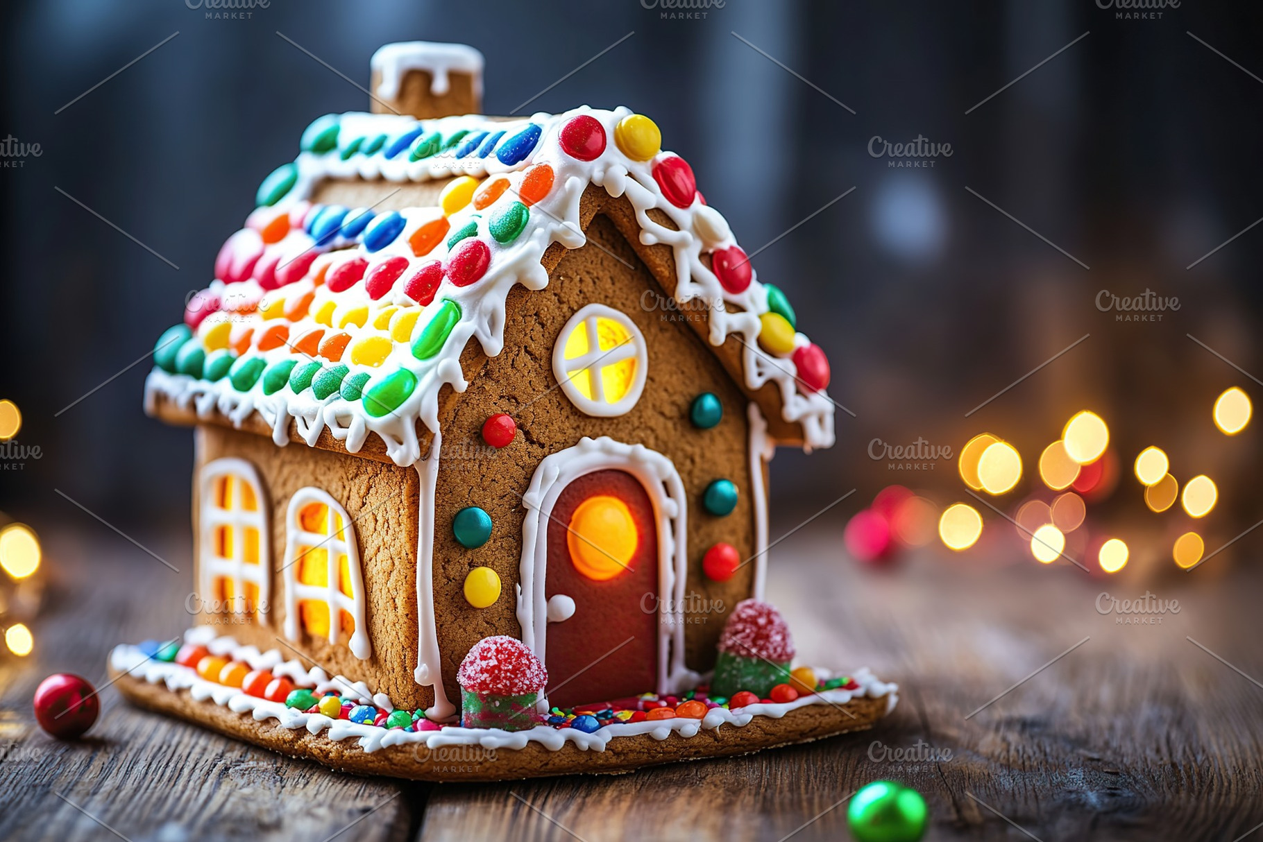 Christmas gingerbread house cookie on wooden background, a Food & Drink Photo by AlyaAnd