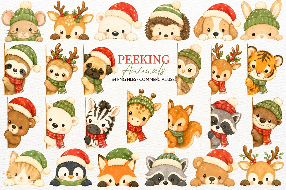 Christmas Peeking Animal Clipart PNG, an Animal Illustration by SugarCloudStudioArt (Photo 1 of 5)