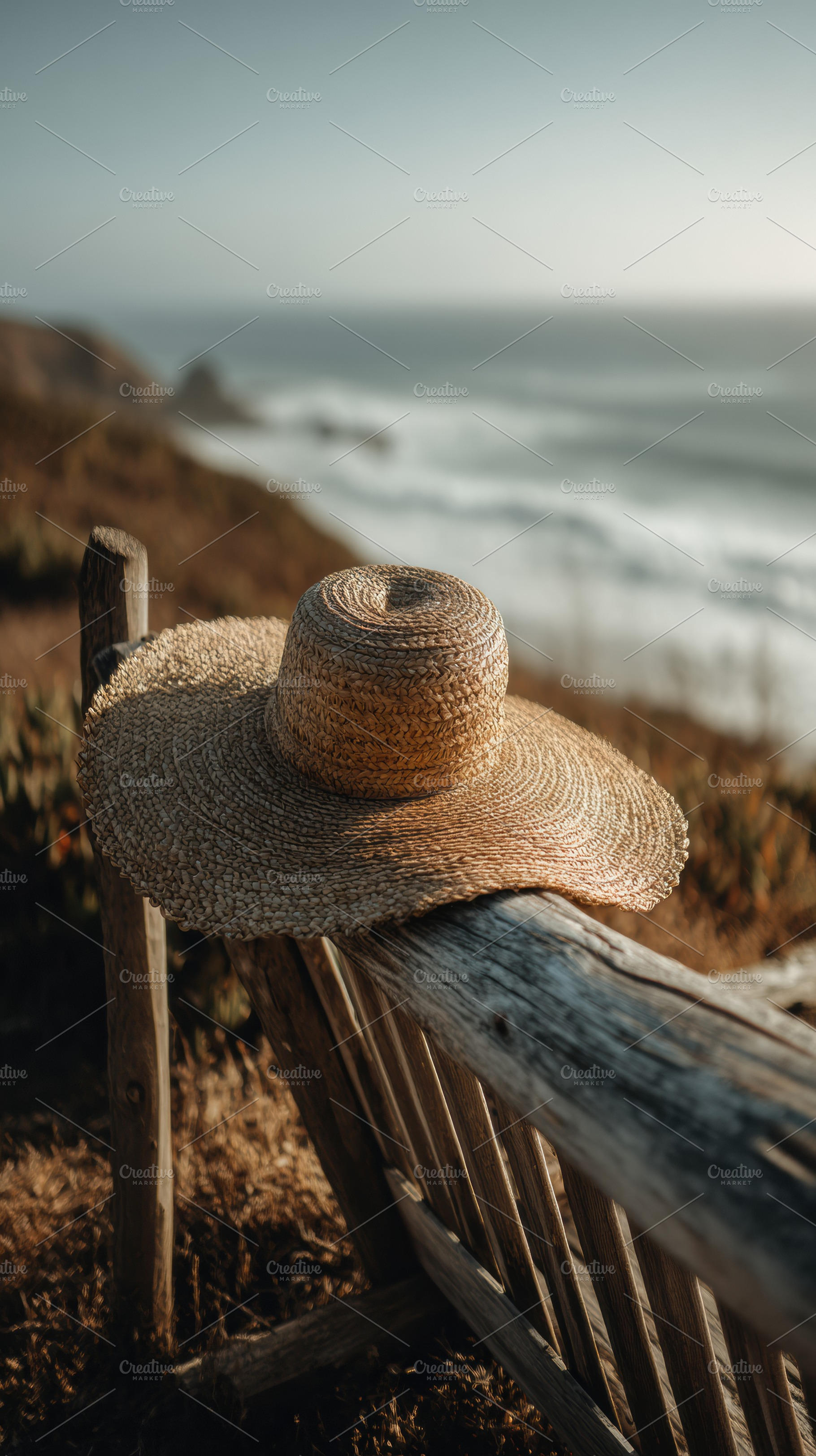 Sun Hat Hanging on Driftwood Chair, a Beauty & Fashion Photo by Virgo Studio