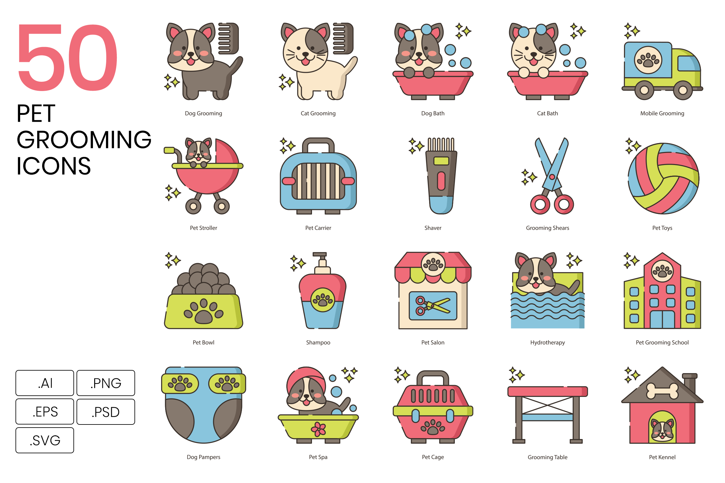 50 Pet Grooming Icons - Hazel Series, an Outline Icon by Flat Icons