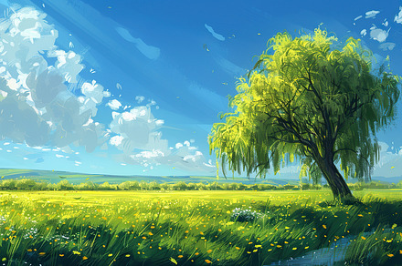 Lush green field under blue skies wi, a Photo by LOGOCREATIVE