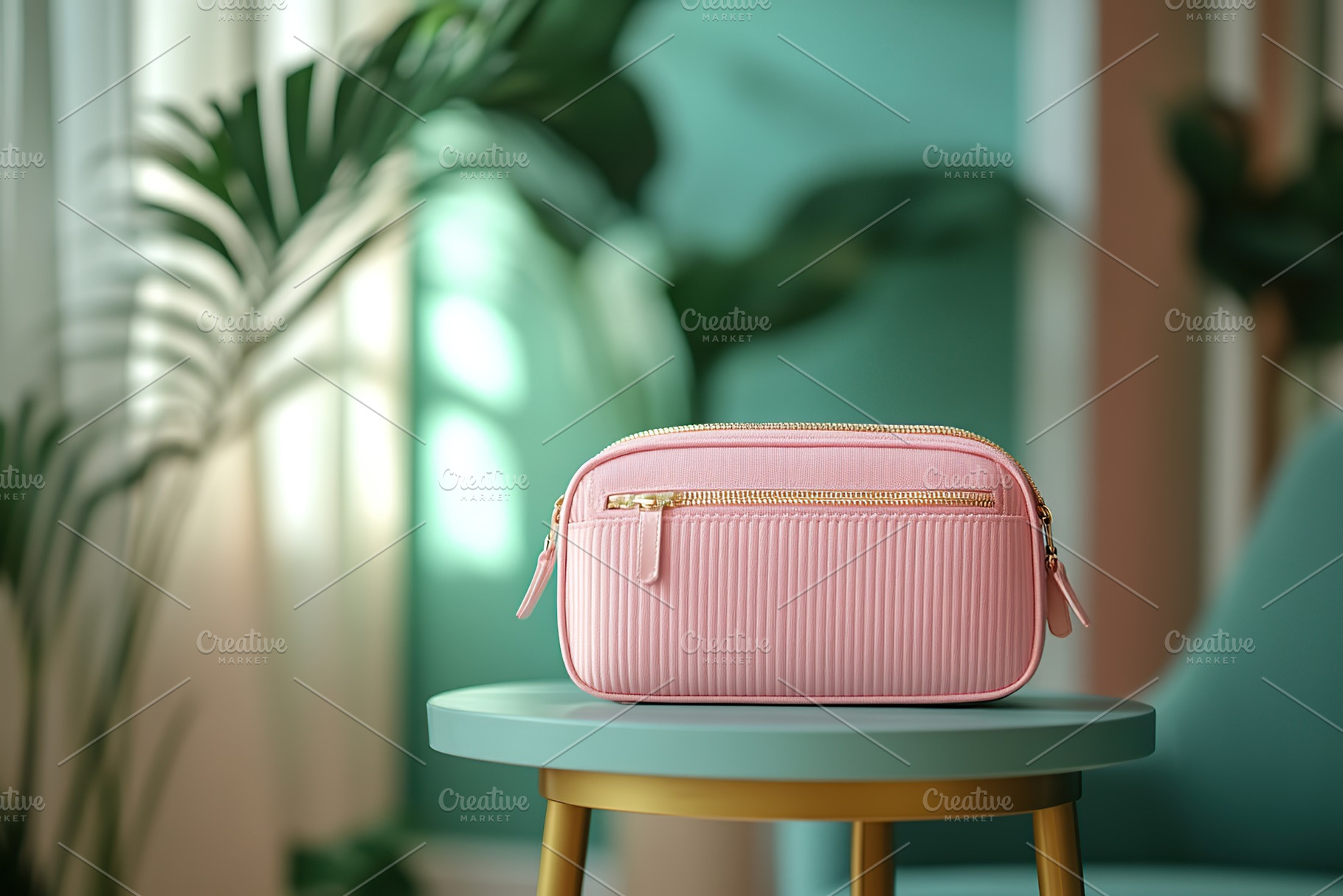 Modern cosmetic bag on small round table, a Photo by AlyaAnd