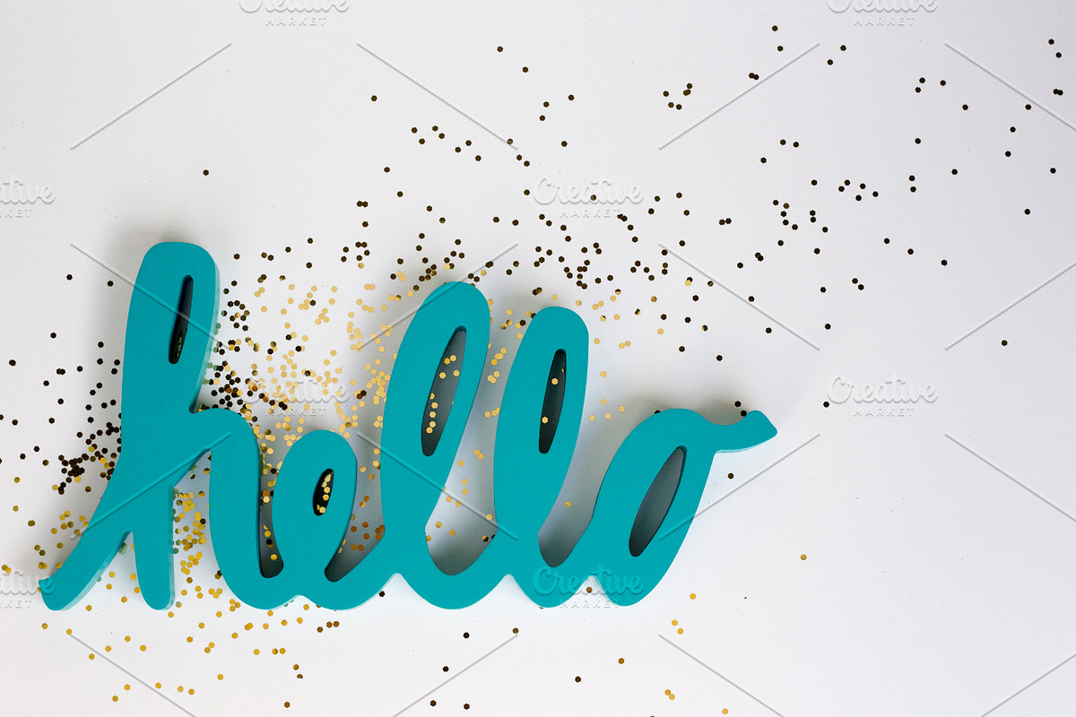 Teal Hello + Gold Sparkles Flatlay, a Business Photo by Andrea Schrag Designs (Photo 1 of 2)